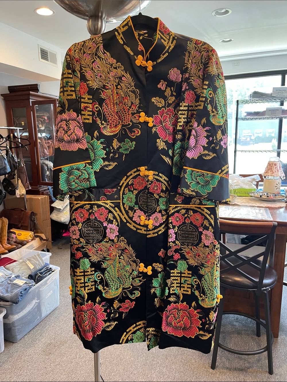 Cheongsam Style  Dragon Floral Embroidered Jacket Gold Thread Sz 12 w/ Pockets